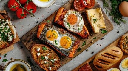 Top view of warm snacks with fish egg and cheese