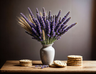 Ceramic white colour vase with dry wheat grass and lavender branches interior decor background