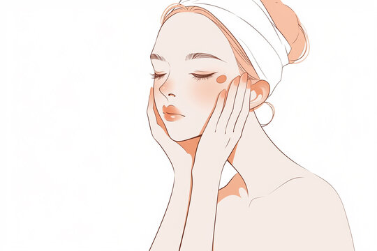 Beautiful young woman with a towel on her head touching her face, Generative Ai