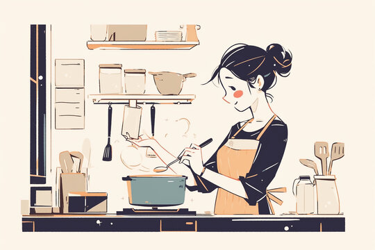 Young woman cooking in the kitchen. Vector illustration in flat style, Generative Ai