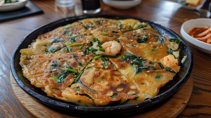 Fototapeta na wymiar Japanese omelette with shrimps and vegetables on hot plate