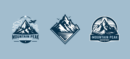 Set of vector outdoor discovery logos with mountain peak. Emblem for tour operators, Travel Agencies, Adventure Gear. Expedition symbol for Posters, Banners, T-shirts - obrazy, fototapety, plakaty