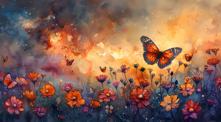 Fototapeta na wymiar Cometary Symphony: Glowing Watercolor Panorama of Celestial Butterflies