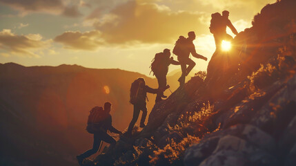 A group of friends hiking up a mountain, helping each other reach their goal as the sun set
