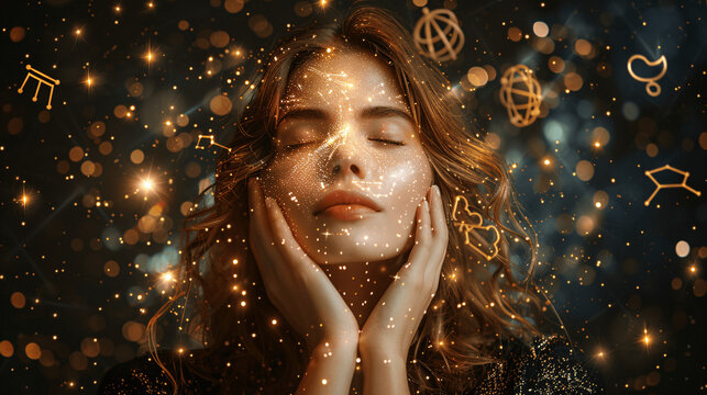 portrait about a woman seer with zodiac signs, Generative AI.