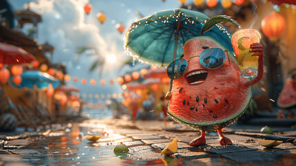 illustration of a cheerful watermelon in 3d style on vacation, Generative AI.
