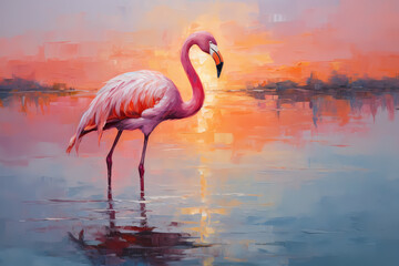 Landscape with a pink flamingo at sunset. Oil painting in impressionism style. Horizontal composition. - obrazy, fototapety, plakaty