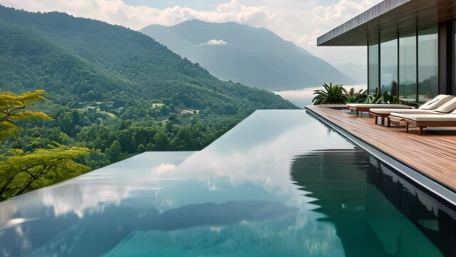 Video animation of essence of tranquility with an infinity pool that seamlessly merges into the mountainous horizon. Adjacent to the pool is a contemporary structure with expansive glass windows