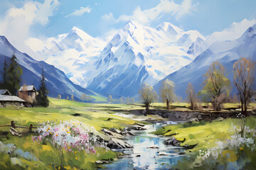 Spring Alpine landscape. Mountains, valley, houses, river. Horizontal composition. - obrazy, fototapety, plakaty