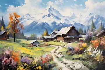 Poster Spring Alpine landscape. Mountains, valley, houses, road. Horizontal composition. © Osadchyi_I