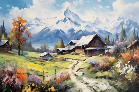 Spring Alpine landscape. Mountains, valley, houses, road. Horizontal composition.