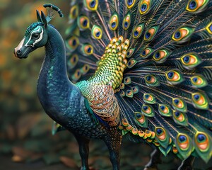 Fototapeta premium Closeup of a hippocampuspeacock hybrid, its head and front hooves horselike, adorned with a vibrant plume of peacock feathers cascading down its back , 3DCG