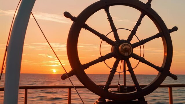 Video animation of  ship’s wheel silhouetted against a breathtaking sunset over the ocean. The sky is painted in vibrant hues of orange and yellow, with the sun dipping near the horizon