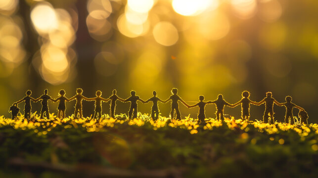 A group of people holding hands in the shape of an chain on green moss, golden sunset bokeh background, miniature figures