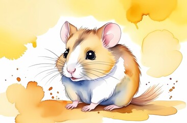 Hamster painted with watercolor. A beautiful and tender card. Isolated background.