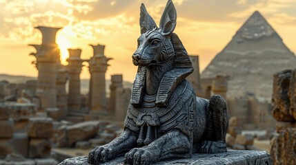 Hybrid Anubisjackal figure carved in stone, set against the backdrop of ancient Egyptian ruins at sunset , high detailed - obrazy, fototapety, plakaty