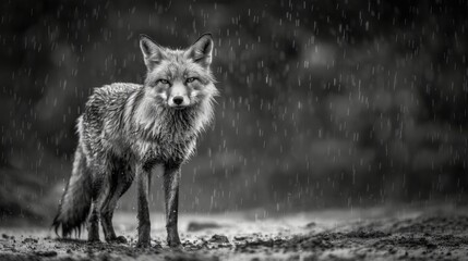 A black and white photography of a fox in the wild