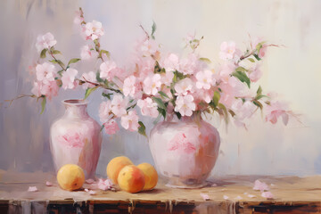 Still life in pink tones. Flowers, fruit, vase. Oil painting in impressionism style. Horizontal composition.