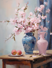 Still life in pink tones. Flowers, fruit, vase, plate. Oil painting in impressionism style. Vertical composition.
