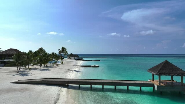 The Tropical aerial view with maldives paradise scenery seascape with water villas as amazing sea and lagoon beach, Exotic tourism	