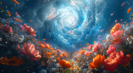 Obraz na płótnie Canvas Stellar Gardens: Panoramic Watercolor Portrait of Botanical Splendor in Orbital Sphere