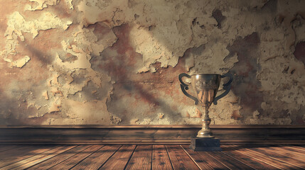 Winner's trophy on an antique wooden floor next to the wall, decorated with old wallpaper in a retro style. - obrazy, fototapety, plakaty
