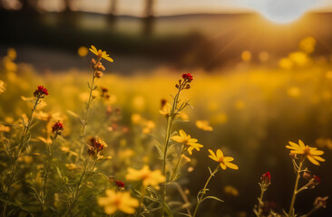 Obraz premium fields of meadow flowers in the sunset rays of the sun. soft sunlight. sunset landscape