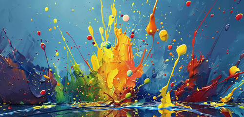 Energetic splatters and drips of oil paints cascading down the canvas, creating a dynamic abstract...