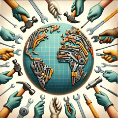 A poster with a planet and a hands holding tools, labour day concept