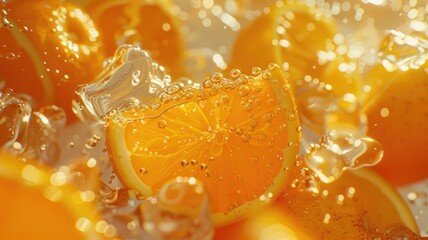 Orange slices under water, cocktail, orange drink, top view. Orange background.