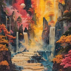 painting of a waterfall with a waterfall in the middle of it
