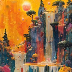 painting of a waterfall with a waterfall and trees in the background