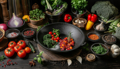 Healthy Fresh Vegetarian Ingredients in Rustic Kitchen