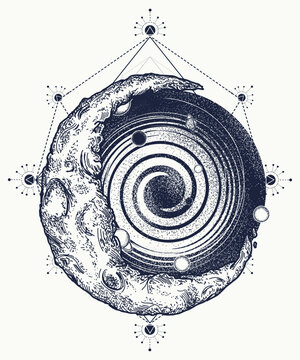 Moon and universe. Esoteric tattoo. Symbol of harmony, yoga, relaxation, soul and freedom. Sacred geometry art. T-shirt design