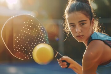 A girl is playing tennis and is about to hit the ball with a paddle