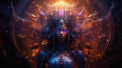 A woman with an elaborate crown. She looks like a magician or witch from a fantasy world