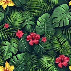 Lush, 3D styled tropical leaves and exotic flowers forming a seamless, dense jungle pattern. Seamless Pattern, Fabric Pattern, Tumbler Wrap, Mug Wrap.