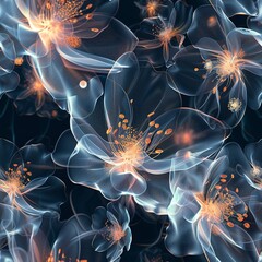 A magical seamless pattern featuring 3D rendered, luminescent flowers glowing against a dark backdrop.Seamless Pattern, Fabric Pattern, Tumbler Wrap, Mug Wrap.