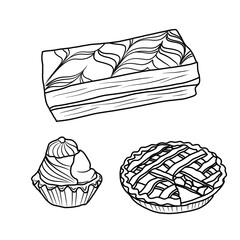 Vector illustration Set of Pastry Food hand drawn sketch, various pastry line art, Containing Beignet,Napoleon pastry, Shortcrust pastry, Pie isolated on white, For kids coloring book.