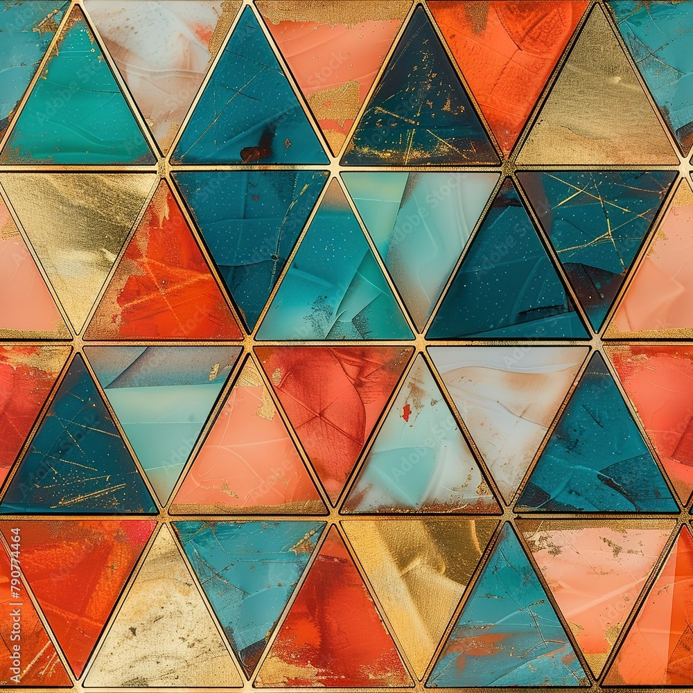 Poster a bohemian-inspired digital paper with a 3d geometric pattern, combining gold lines with turquoise a