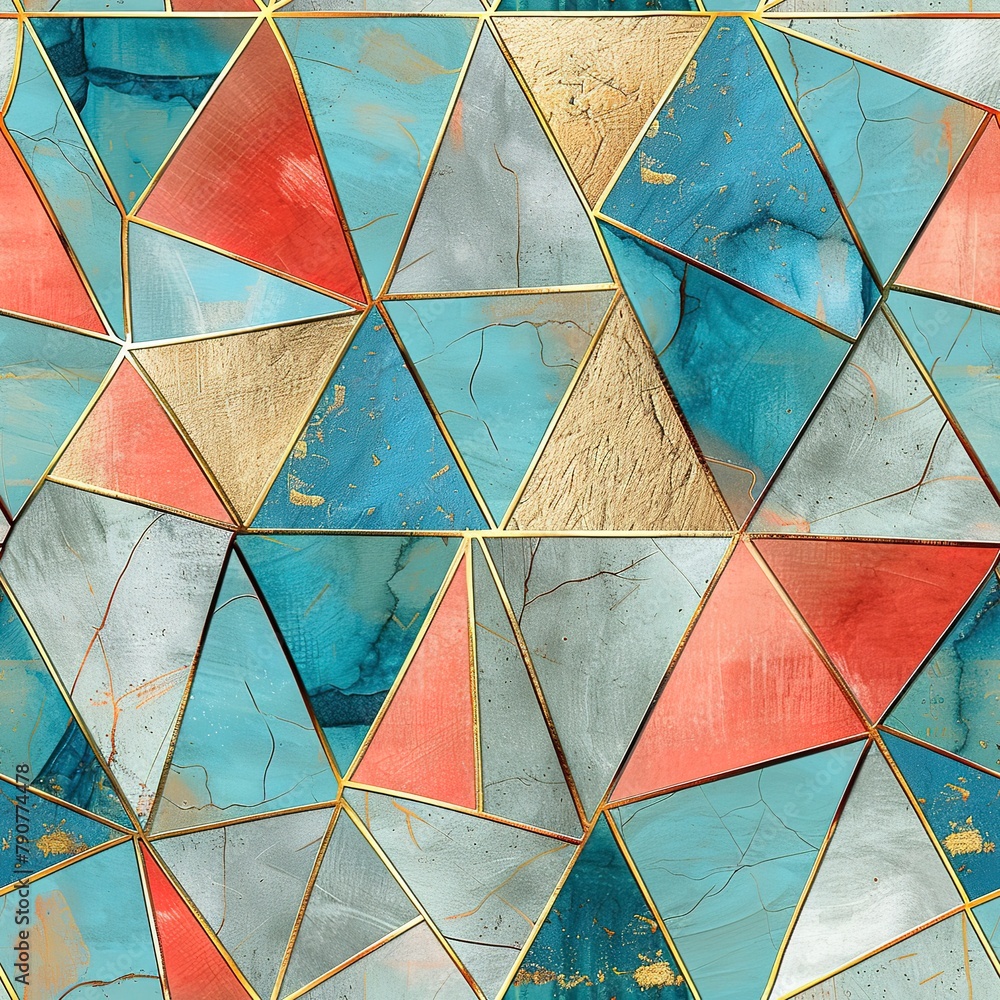 Poster a bohemian-inspired digital paper with a 3d geometric pattern, combining gold lines with turquoise a