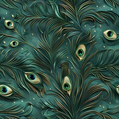Digital paper featuring a seamless 3D pattern of peacock feathers with iridescent accents on a deep, emerald green background. Seamless Pattern, Fabric Pattern, Tumbler Wrap, Mug Wrap.