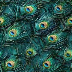 Digital paper featuring a seamless 3D pattern of peacock feathers with iridescent accents on a deep, emerald green background. Seamless Pattern, Fabric Pattern, Tumbler Wrap, Mug Wrap.