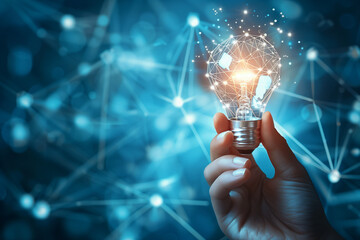 hand holding a light bulb digital network. New ideas, business innovation. 4k ultra realism, copy space