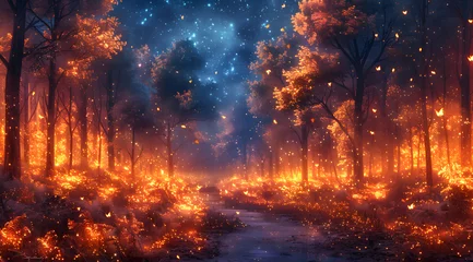 Zelfklevend Fotobehang Stardust Symphony: Luminescent Butterflies Lead Through Sparkling Watercolor Forest © Thien Vu