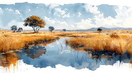 Savannah Serenity: Watercolor Panorama of Dynamic Equilibrium in Biodiversity
