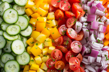 healthy and fresh vegetables full of vitamins and antioxidants, tomato, cucumber, onion and pepper, close up, top view