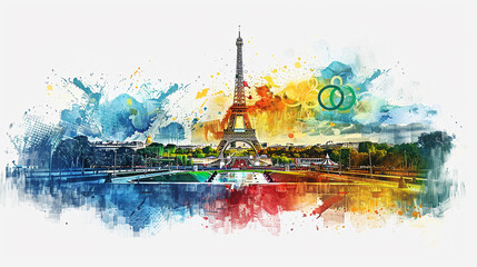 Hand drawn illustration of Eiffel tower. Olympic Games 2024 in Paris - obrazy, fototapety, plakaty