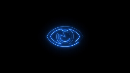 Blue neon light Eye icon. Vibrant colored visibility technology symbol, isolated on a black background 4k illustration.
