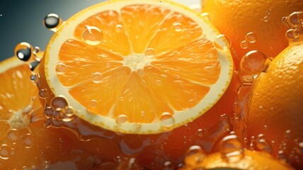 Orange slices under water, cocktail, orange drink, top view. Orange background.